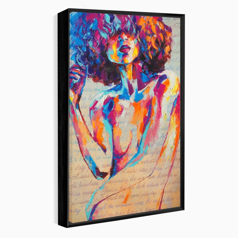 Tablou canvas cu tablou canvas cu portret abstract de femeie, in rama de aluminiu negru